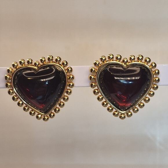 ❤️ Tory Burch Gold & Dark Burgundy Logo Heart Earrings – New on Card ❤️ - Picture 3 of 9